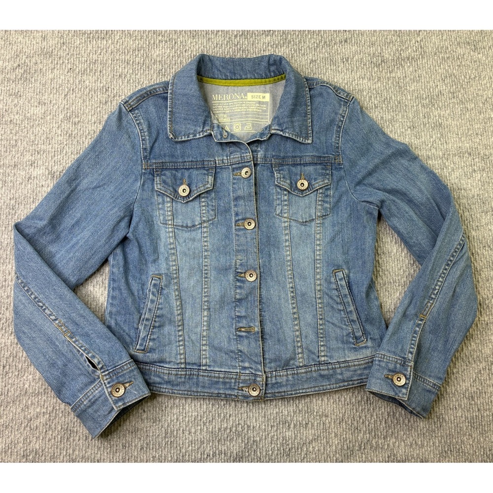 Merona Womens Medium Blue Denim Jean Jacket Stretch Trucker Button Front Pockets